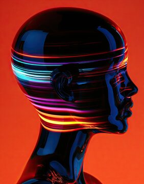 Glossy head profile with vibrant, multi-colored light streaks across face