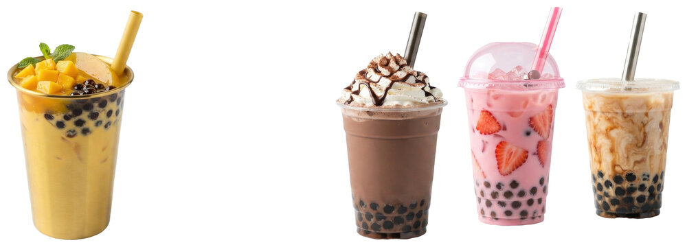 A colorful collection of bubble tea drinks in different flavors, cups, and toppings with tapioca pearls.