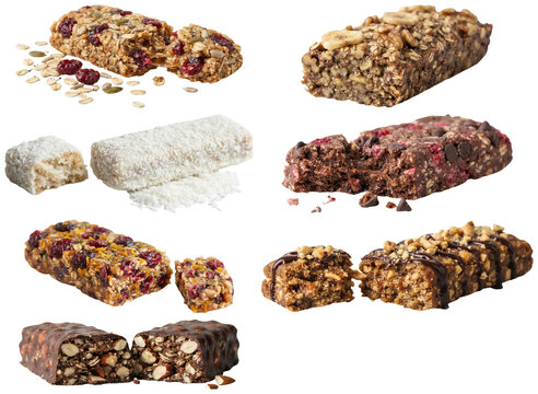 A collection of assorted protein bars with different nut, fruit, and chocolate flavors arranged on white backgrounds.