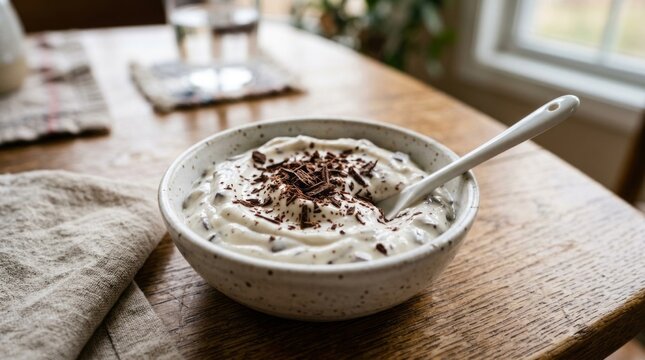 Delicious bowl of creamy yogurt topped with chocolate shavings, served for a healthy breakfast.