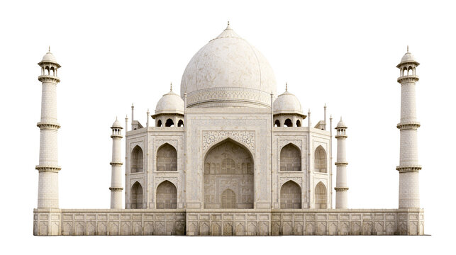 White marble Taj Mahal mausoleum with minarets, isolated on transparent background