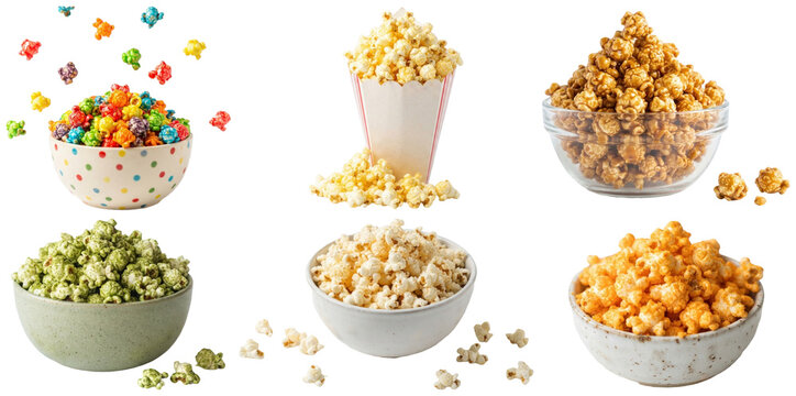 A colorful assortment of popcorn varieties in bowls, bags, and cones, featuring sweet, savory, and flavored snack styles.