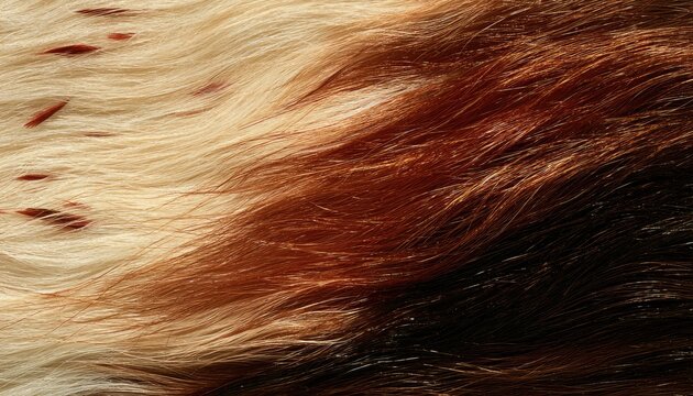 Close-up of animal fur texture in shades of cream, brown, and dark rust