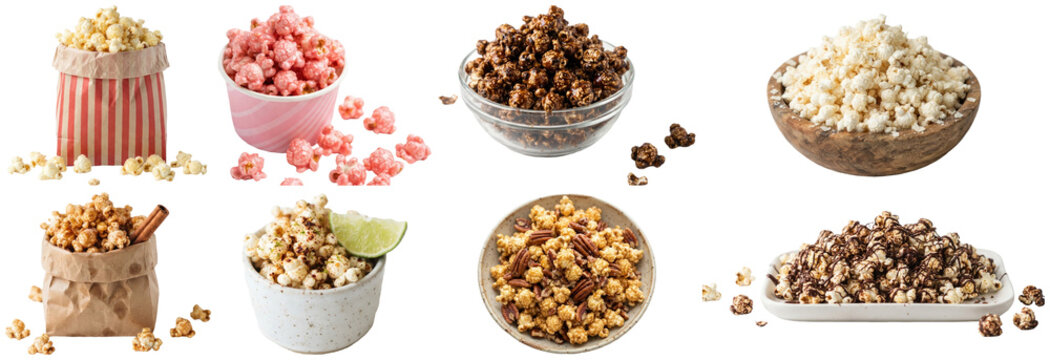 A colorful assortment of popcorn snacks in sweet, savory, and gourmet styles served in different bowls and packages.