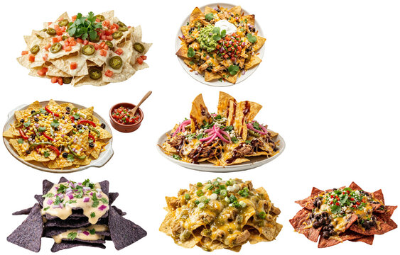 A colorful assortment of nachos variations topped with cheese, meats, vegetables, and fresh salsas.