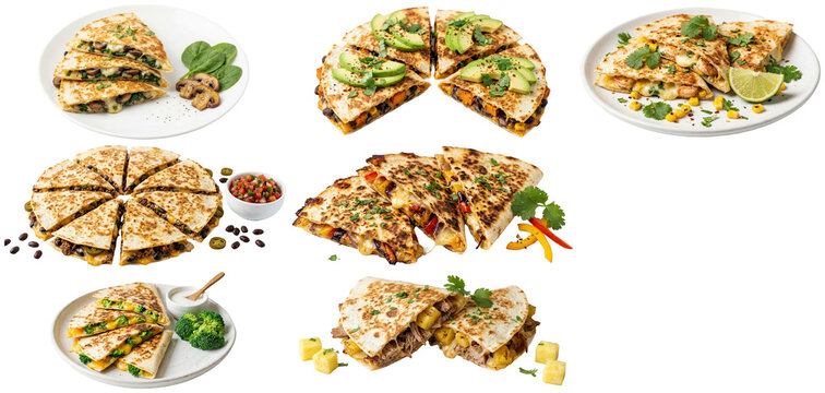 A varied collection of quesadillas with meat, vegetable, breakfast, and seafood fillings served in neat wedges with fresh garnishes.