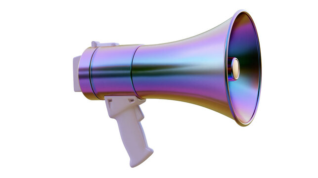 Iridescent metallic megaphone with white handle, isolated on transparent background