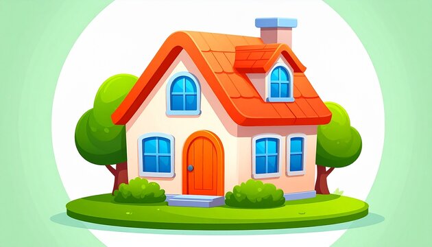 Charming cartoon house illustration with orange roof, blue windows, and lush green garden on a light green background, vector style