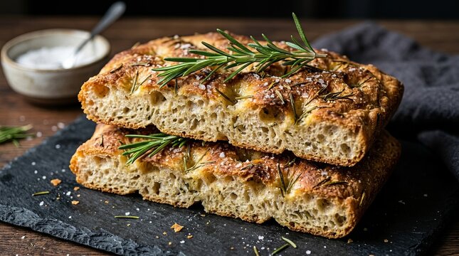 Delicious focaccia bread topped with rosemary and sea salt, served on a dark slate.