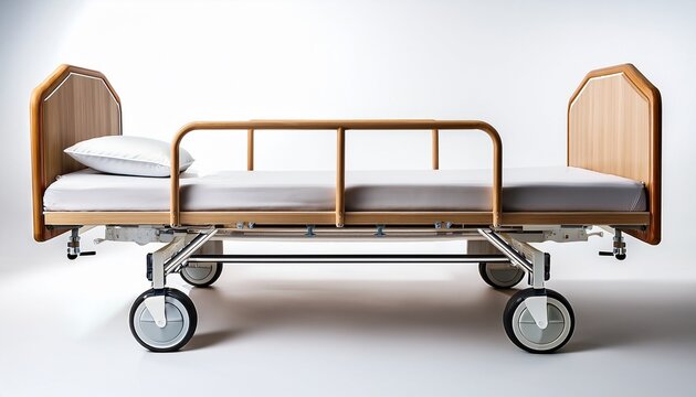 a modern white hospital bed with wooden accents and wheels positioned against a plain white background