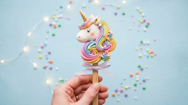 Whimsical unicorn lollipop creation held by a hand against a soft blue background with fairy lights