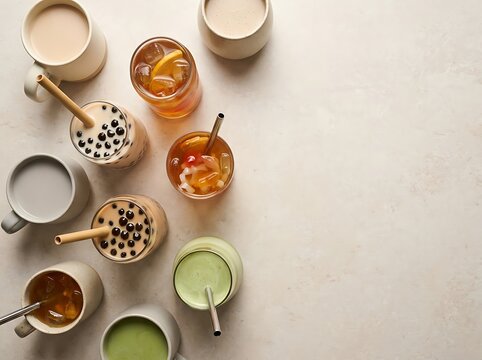 A variety of refreshing boba tea drinks and colorful beverages arranged on a light stone surface top down view