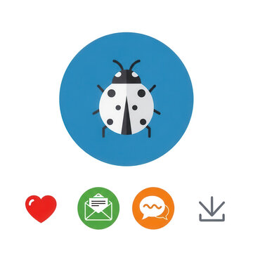Flat ladybug icon on blue circle, minimalist beetle insect illustration, white ladybird with black spots, creative nature and communication symbols