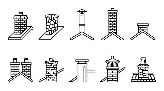 House chimney line icon set with brick stone and metal chimneys on roofs vector illustration