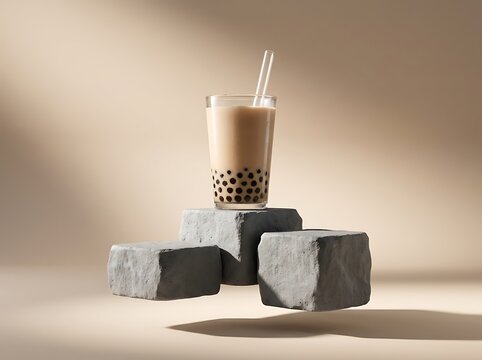 A refreshing glass of bobba tea presented on floating stone blocks against a clean minimalist studio background