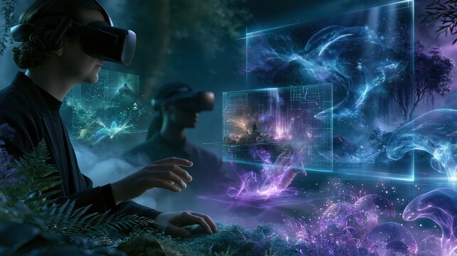 Virtual reality exploration in a digital environment with holographic displays in a forest setting during nighttime