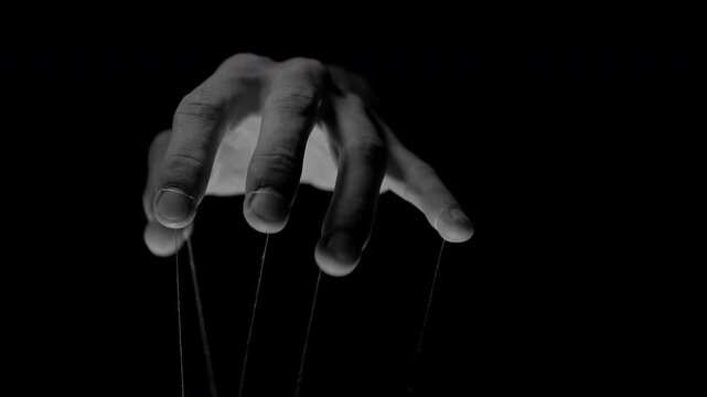 Monochrome Puppeteer Hand Controls Hanging Strings in Darkness, Symbolizing Political Influence, Authority and Manipulation of Society