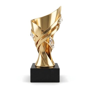 Shiny bronze trophy cup with modern abstract design on a black base