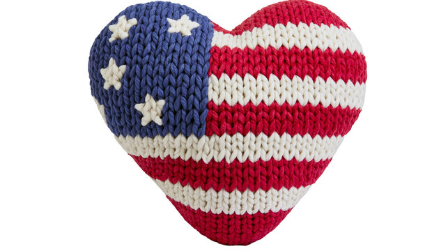 Knitted heart pillow with American flag design, isolated on transparent background