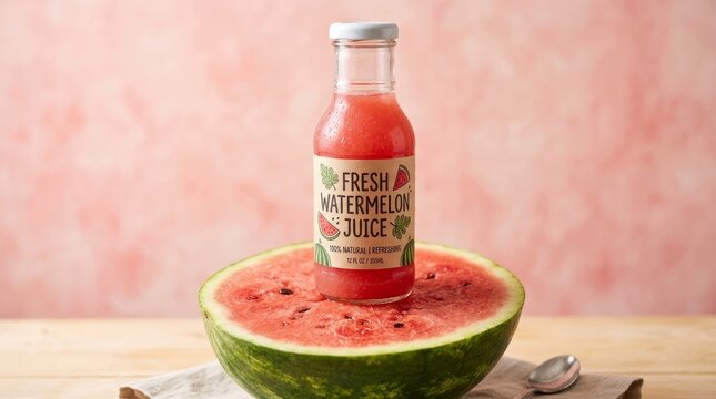 Refreshing glass bottle of fresh watermelon juice sits atop a ripe, sliced watermelon.