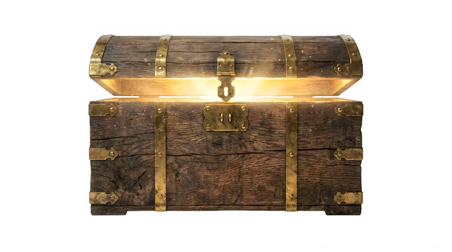 Open wooden treasure chest with glowing magical light inside isolated on transparent background