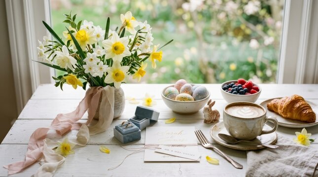 Bright and cheerful spring breakfast spread with daffodils, croissants, and coffee by the window
