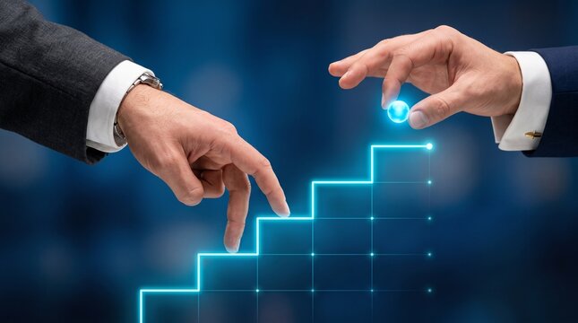 Business growth concept with glowing digital stairs, professional hands climbing virtual career ladder, financial success and corporate development