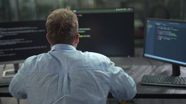 Rear view of male software engineer writing program code on multiple desktop screens in a modern office.