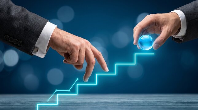 Business growth concept with glowing stairs, professional hands climbing neon staircase, financial success and corporate goal achievement