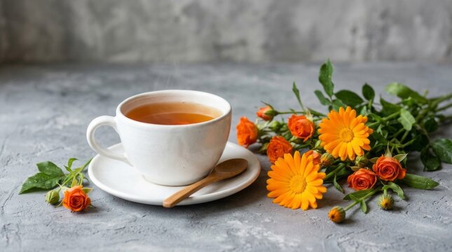 A warm cup of herbal tea rests beside vibrant orange flowers and green leaves on a textured surface.