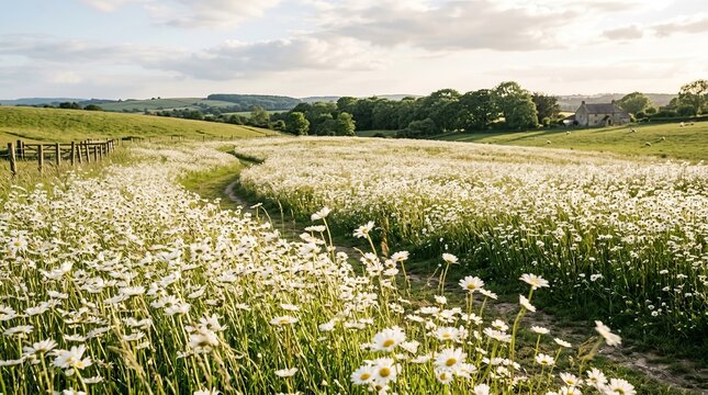 Idyllic pathway through a sun-drenched field of wildflowers leading to rolling green hills.