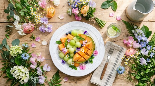 Fresh fruit salad arranged with delicate spring flowers on a rustic wooden table