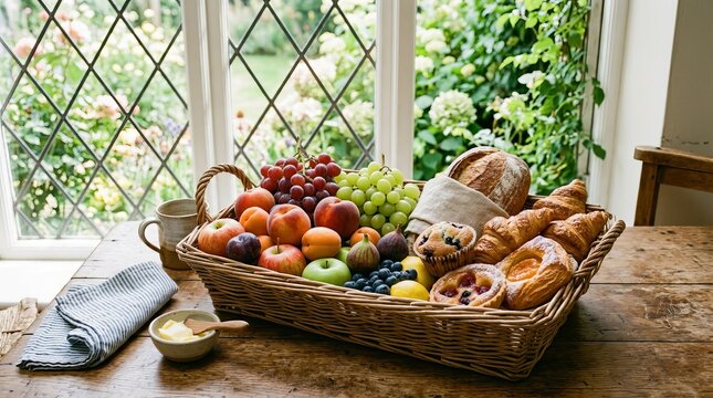 Abundant basket overflowing with fresh fruits and baked goods on a rustic table, bathed in soft natural light.