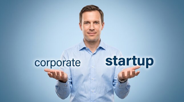 Corporate vs startup career choice concept, businessman holding floating text options, professional man weighing business opportunities