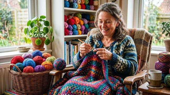 Smiling woman happily crocheting a colorful blanket in a cozy room filled with yarn.