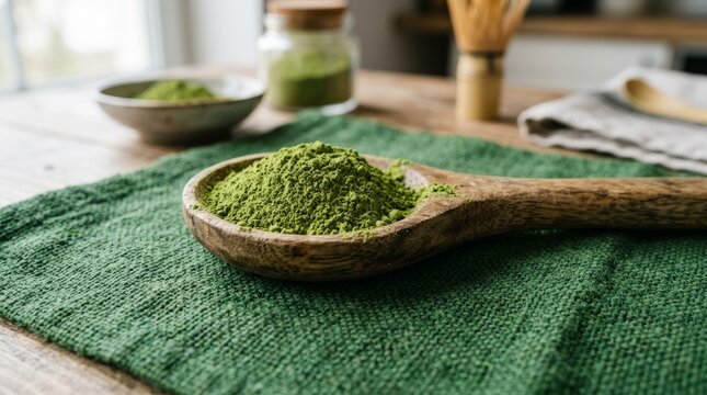 Wooden spoon filled with vibrant green matcha powder, ready for preparation