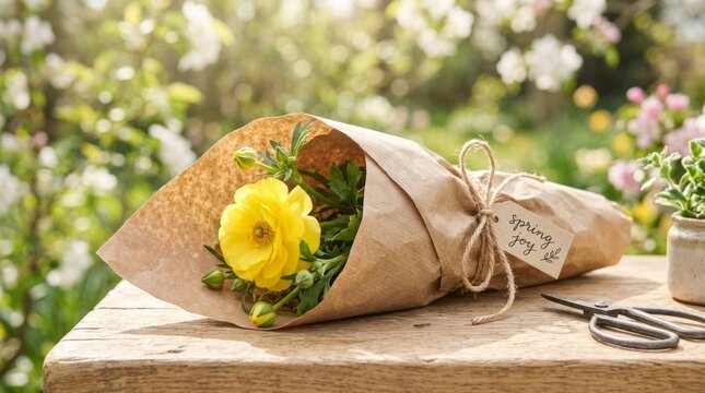 A bright yellow flower bouquet wrapped in rustic paper, a thoughtful gift for someone special.