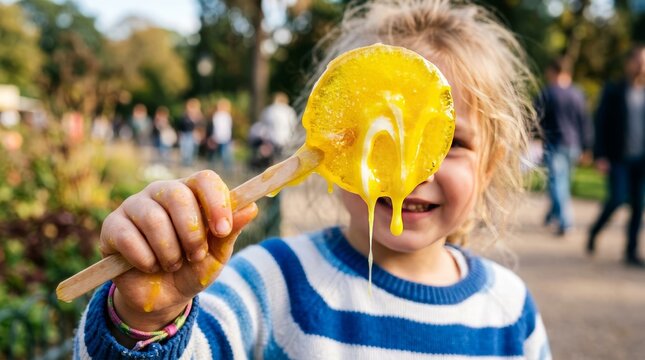 Joyful child with messy face peeking through a bright yellow lollipop outdoors