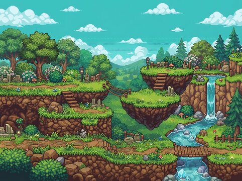 Pixel art fantasy landscape with floating islands and waterfall
