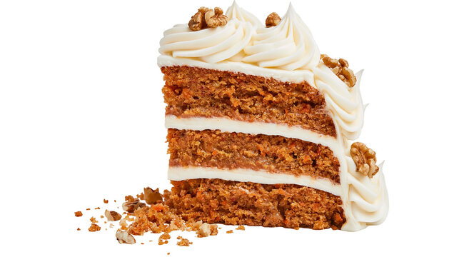 Decadent three-layer carrot cake slice with creamy frosting and walnuts, isolated on transparent background