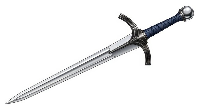 Detailed Digital Illustration of a Sharp Medieval Longsword with Blue Handle and Engraved Crossguard