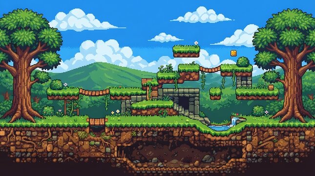 Pixel art platformer game level design with lush forest landscape