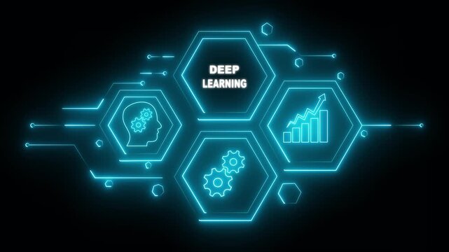 Abstract neon Hud knowledge ability business gear icon Glowing neon line concept. Glowing "DEEP LEARNING" button in German on a futuristic, abstract wave technology on black background.