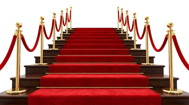 Grand staircase with red carpet and golden stanchions isolated on transparent background