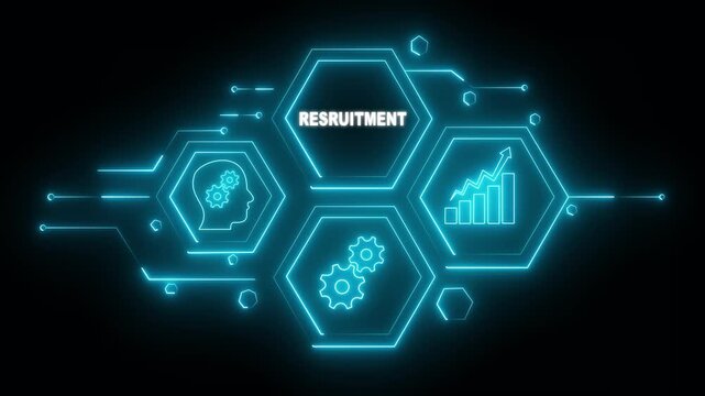 Abstract neon Hud knowledge ability business gear icon Glowing neon line concept. Glowing "RECRUITMENT" button in German on a futuristic, abstract wave technology on black background.