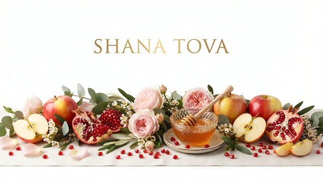 Shana tova greeting card with apples, pomegranates, roses and honey isolated on white background