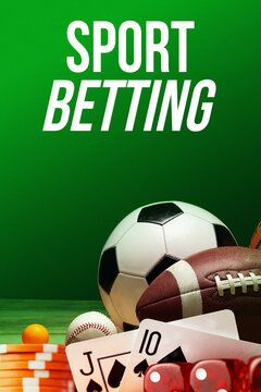Sport betting with various sports equipment and cards in a green setting
