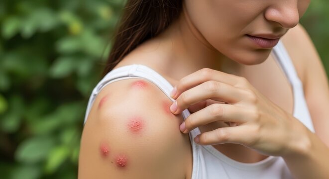 Young Woman Scratching Red Itchy Insect Bites or Allergic Rash on Her Shoulder Outdoors in Nature