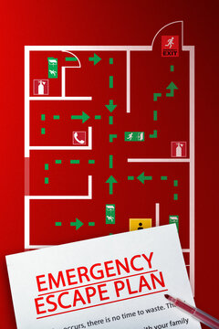 Emergency evacuation plan showing exit routes and safe locations in a building layout