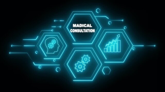 Abstract neon Hud knowledge ability business gear icon Glowing neon line concept. Glowing "MEDICAL CONSULTATION" button in German on a futuristic, abstract wave technology on black background.